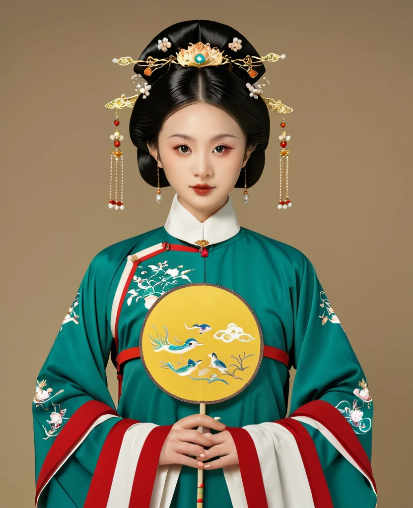 Chinese classical girl portrait，symmetry，Round Face，Bright Eyes，Smooth skin，Chinese Ming Han uniform,egotistical,Holding a Chinese fan，Clean background