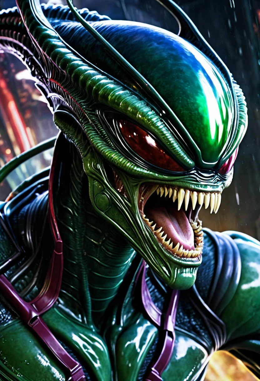 (((Extreme close-up Xenomorph Alien the eighth passenger merged with The Green Goblin Spiderman universe(((Front Images))),(((Splash color images)))