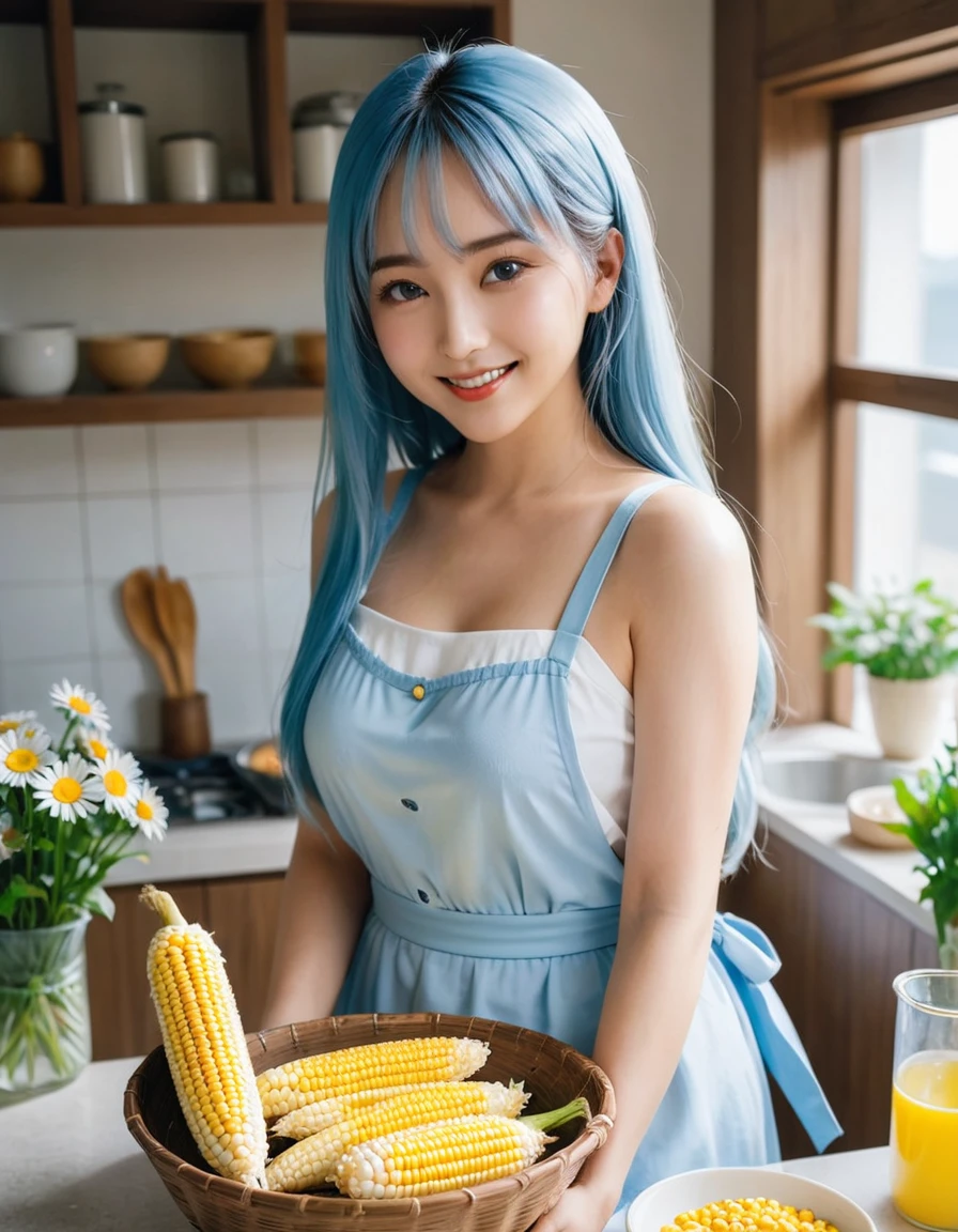 A kitchen decorated with lots of daisies、The corn is piled in a basket、Light blue long hair、beautiful girl with twin tails、Smiling while cooking corn dishes、The girl is holding corn、Kitchen bathed in morning sun