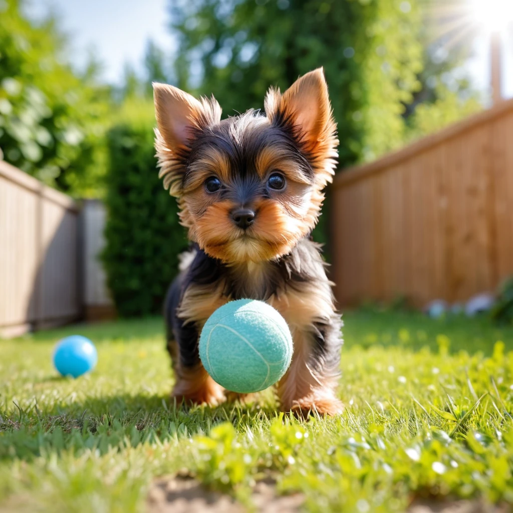 Small Yorkshire terrier puppy playing with a ball in the yard, noon, summer, Volumetric Light,