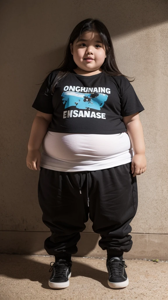 Very fat kid girl , obese , age 15 years , very fat body , in underground prison ,face excited , full body