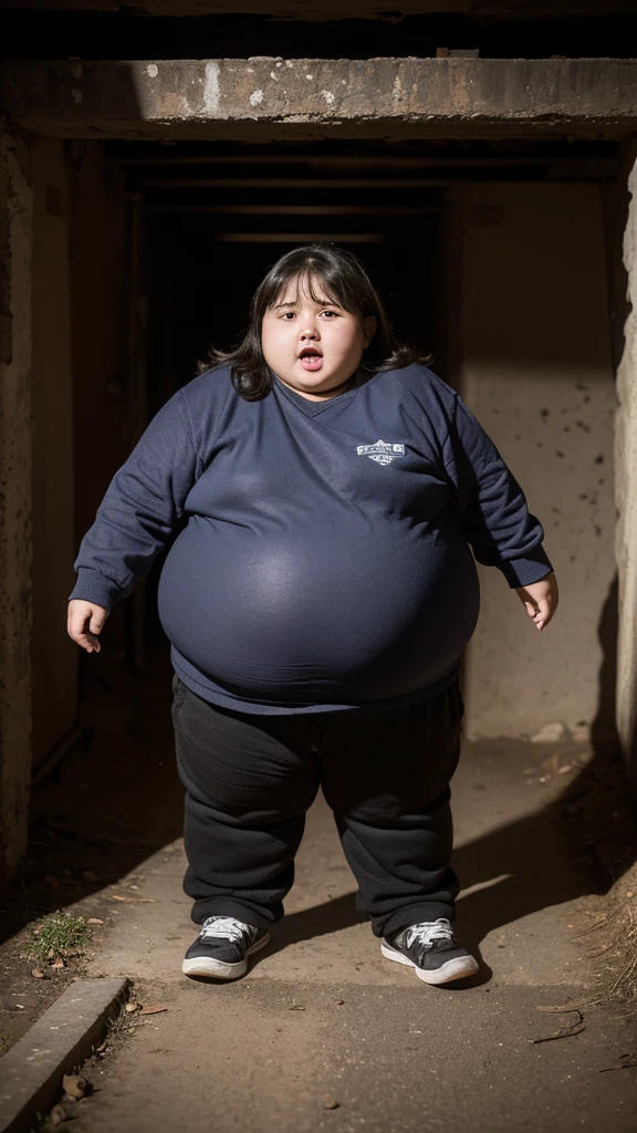 Very fat girl , obese , agevery fat body , in underground prison ,face excited , full body