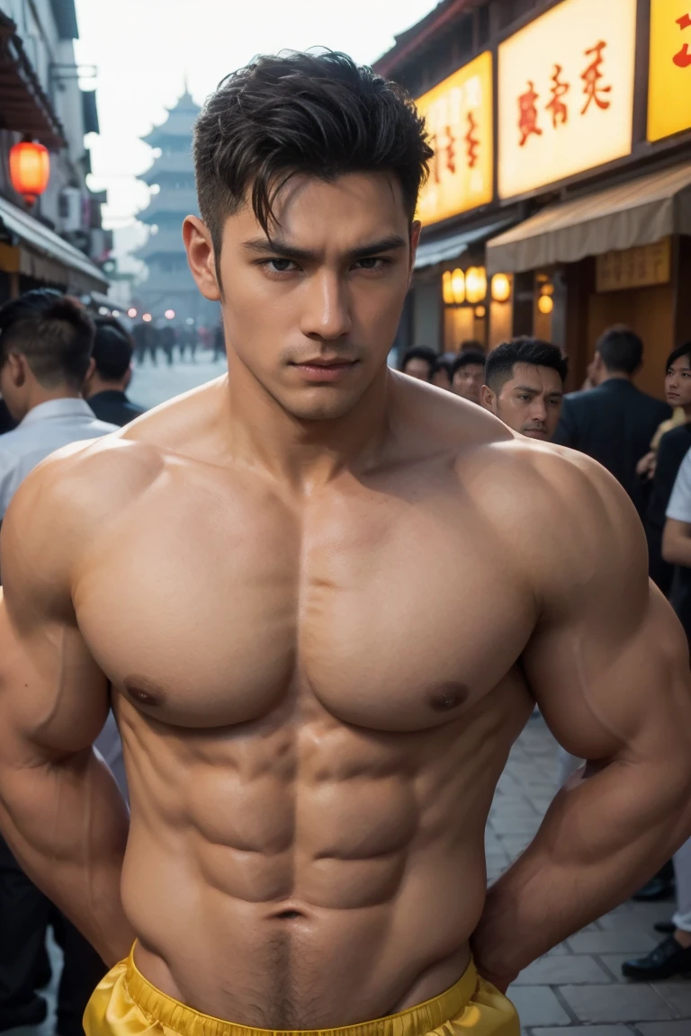 handsome man, European style haircut.  wearing charming sexy clothes, yellow china.  Passionate poses, toned and detailed muscles, real skin.  perfect anatomy.  men walking on the streets of china celebrations.