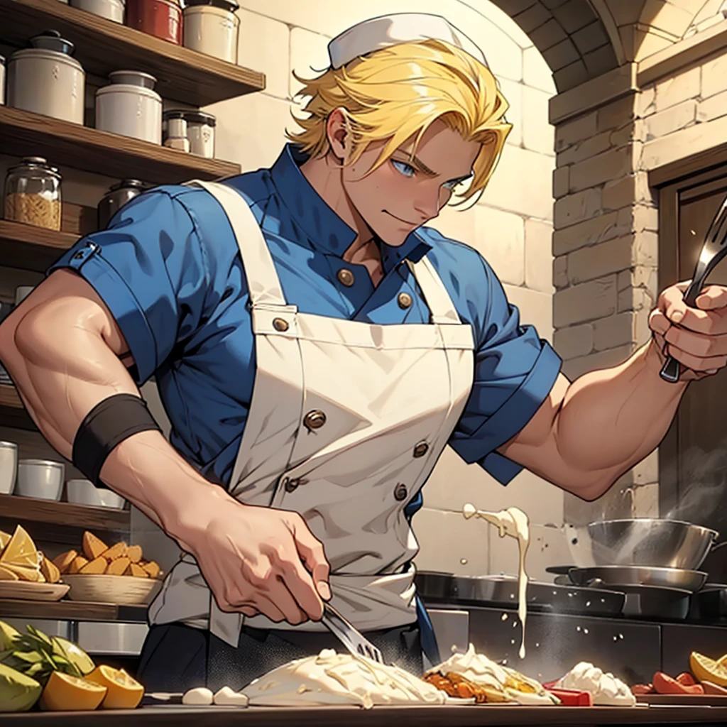 A 22 year old man, blond hair, yellow hair, blue eyes, chef's clothes, wearing a chef's hat, wearing chef's gloves happy expression, medieval period, Ultra HD 4k, 4k, Ultra HD