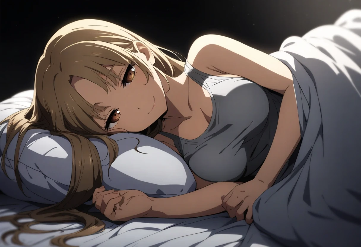 (masterpiece, best quality, very aesthetic, absurdres, ultra-detailed:1.2), anime painted, megami magazine, early, 1girl, sister cleaire, nijisanji, light brown hair, very long hair, parted bangs, detailed eyes, brown eyes, long eyelashes, medium breasts, grey sports bra, looking at viewer, half-closed eyes, motherly smile, vulgarity, beautiful face, beautiful skin, lying, on side, on bed, pillow, under covers, lifted covers, bed invitation, bedroom, black background, cinematic lighting