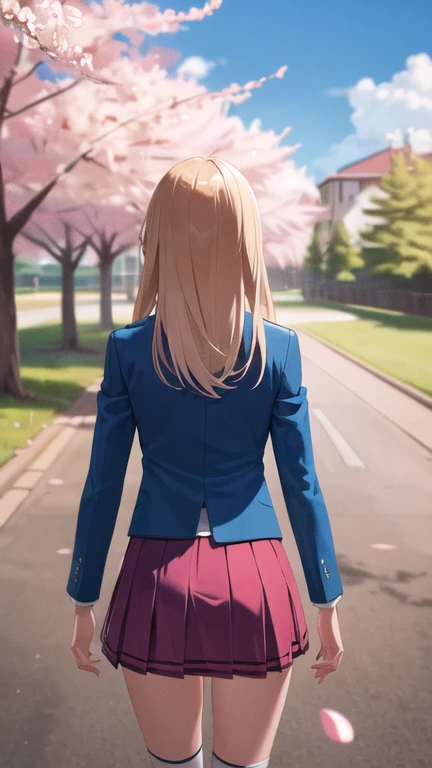 masterpiece, best quality, highres, mashi1, solo, , red necktie, pleated skirt, shirt, white socks, kneehighs, blue jacket, long sleeves, , cowboy shot, cherry blossoms, ,