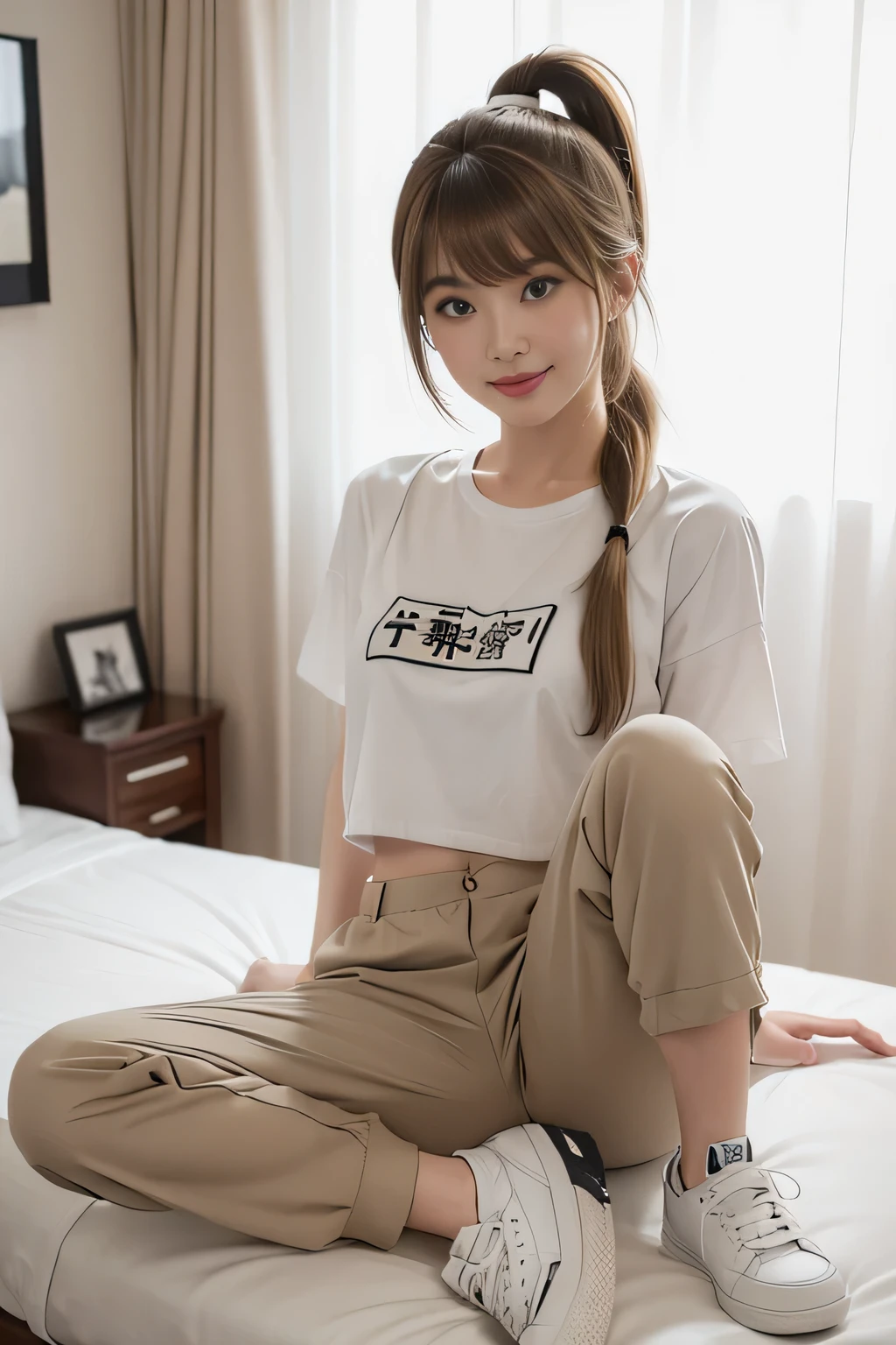 ((medium shot)),(white cropped t-shirt ,Kahki cargo pants,sneakers),(bedroom of lovehotel), japanese lady, pale skin, droopy eyes, 28 year old,(dark Blonde short side ponytail with side bangs:1.3),standing, high quality:1.3, shoot from below,Professional lighting:2.0 realistic:1.2, 4k resolution, detailed skin, masterpiece:1.1,smile,(Slender body),(athlete:1.2),(nipples poking through clothes:1.1),camel toe,