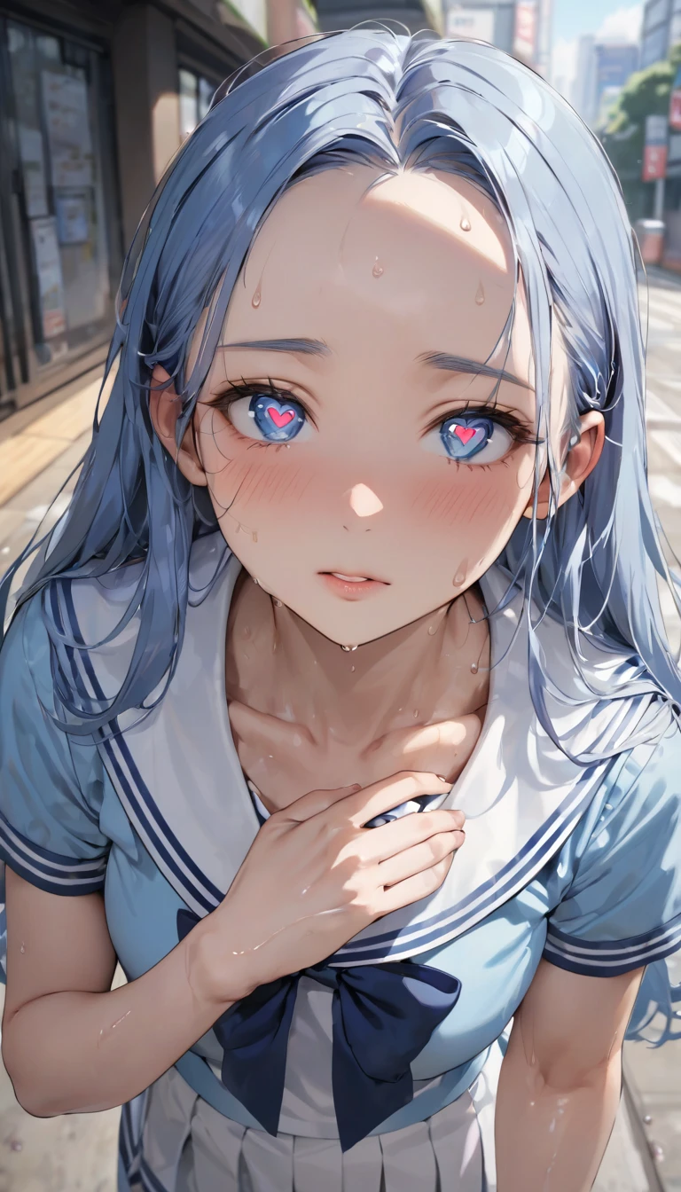 (sweaty skin) (standing, in the Fukuoka hakata city), (pov close up face) (solo:2, 15 yo forehead blue hair long hair panic:1.4 girl), (heart shaped pupils blue eyes), hand put on own chest, in a summer school sailor suit, skirt, BREAK, perfect anatomy, masterpiece, best quality, 16k, beautiful detailed grow, daydreaming expression.