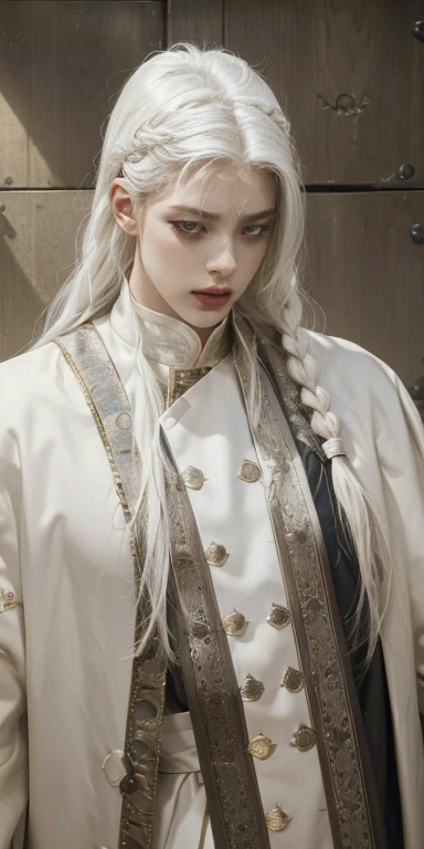best qualityer, work of art,White hair, gold eyes,white  clothes, looking up, trunk,lock of hair,skin fair,side braids, naughty man, male, 8K