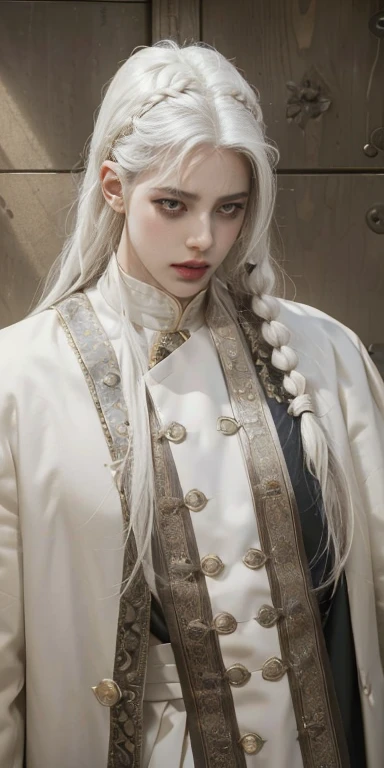 best qualityer, work of art,White hair, gold eyes,white  clothes, looking up, trunk,lock of hair,skin fair,side braids, naughty man, male, 8K