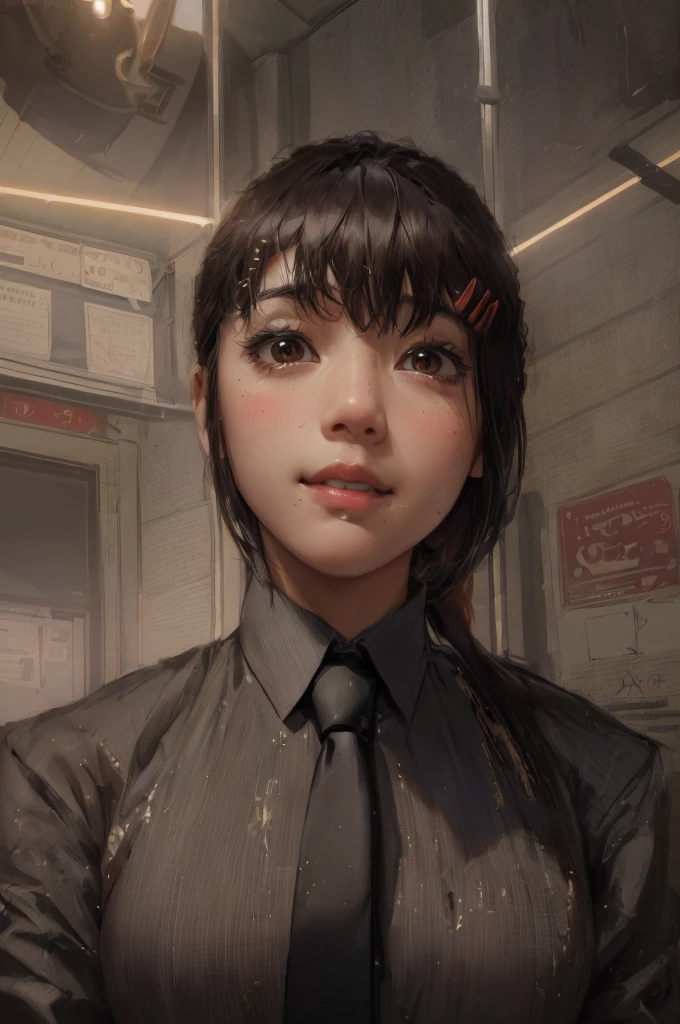 masterpiece, best quality, ultra-detailed, illustration, epic lighting, cinematic composition, isometric, 1girl, solo, cute, brown eyes, black hair, swept bangs, single sidelock, red hairclip, white collared shirt, black necktie, black pants, formal, enchanting gaze, captivating pose, indoors, office, door, opening door, looking at viewer, peeking out upper body, blush, seductive smile, closed mouth,(8k:1.1),