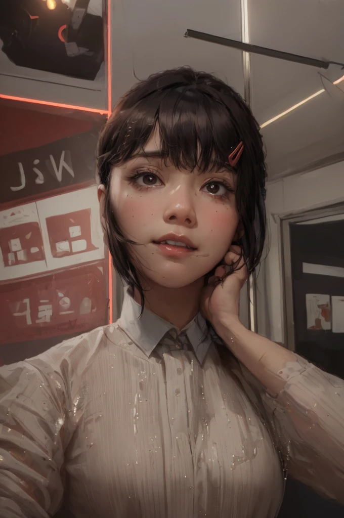 masterpiece, best quality, ultra-detailed, illustration, epic lighting, cinematic composition, isometric, 1girl, solo, cute, brown eyes, black hair, swept bangs, single sidelock, red hairclip, white collared shirt, black necktie, black pants, formal, enchanting gaze, captivating pose, indoors, office, door, opening door, looking at viewer, peeking out upper body, blush, seductive smile, closed mouth,(8k:1.1),
