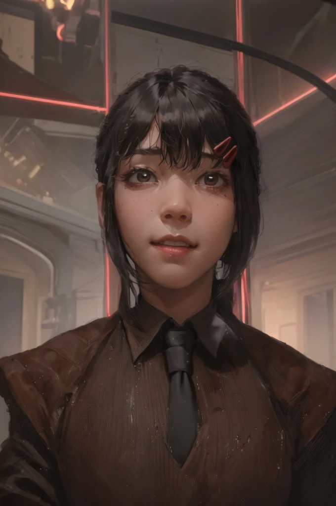 masterpiece, best quality, ultra-detailed, illustration, epic lighting, cinematic composition, isometric, 1girl, solo, cute, brown eyes, black hair, swept bangs, single sidelock, red hairclip, white collared shirt, black necktie, black pants, formal, enchanting gaze, captivating pose, indoors, office, door, opening door, looking at viewer, peeking out upper body, blush, seductive smile, closed mouth,(8k:1.1),