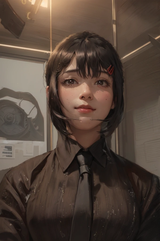 masterpiece, best quality, ultra-detailed, illustration, epic lighting, cinematic composition, isometric, 1girl, solo, cute, brown eyes, black hair, swept bangs, single sidelock, red hairclip, white collared shirt, black necktie, black pants, formal, enchanting gaze, captivating pose, indoors, office, door, opening door, looking at viewer, peeking out upper body, blush, seductive smile, closed mouth,(8k:1.1),