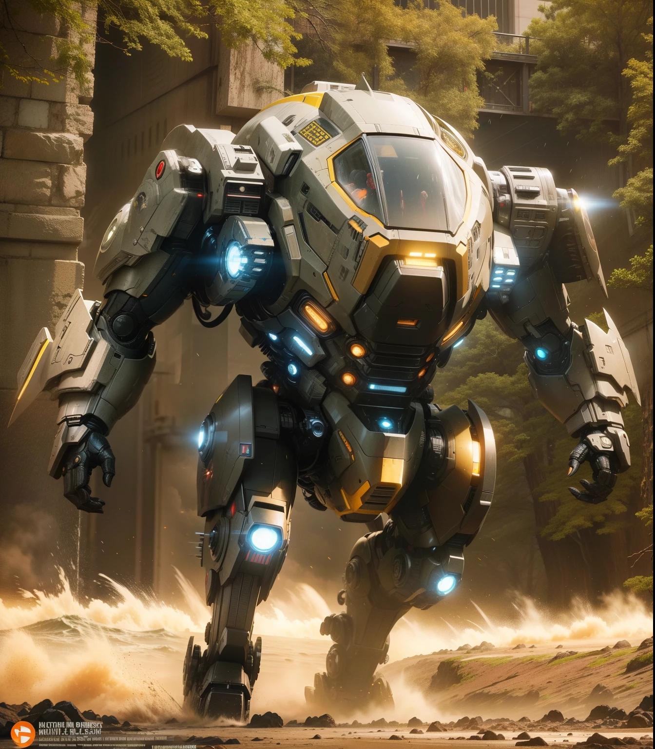 Pacific Rim, Kaiju Invasion Alert, like marvels ironman with full yellow armor, Mobilized Global Defense Forces, futuristic technology, style photorealistic, captured with a Fujifilm X-T20 and a 35mm lens, bright emergency lights, military base environment.