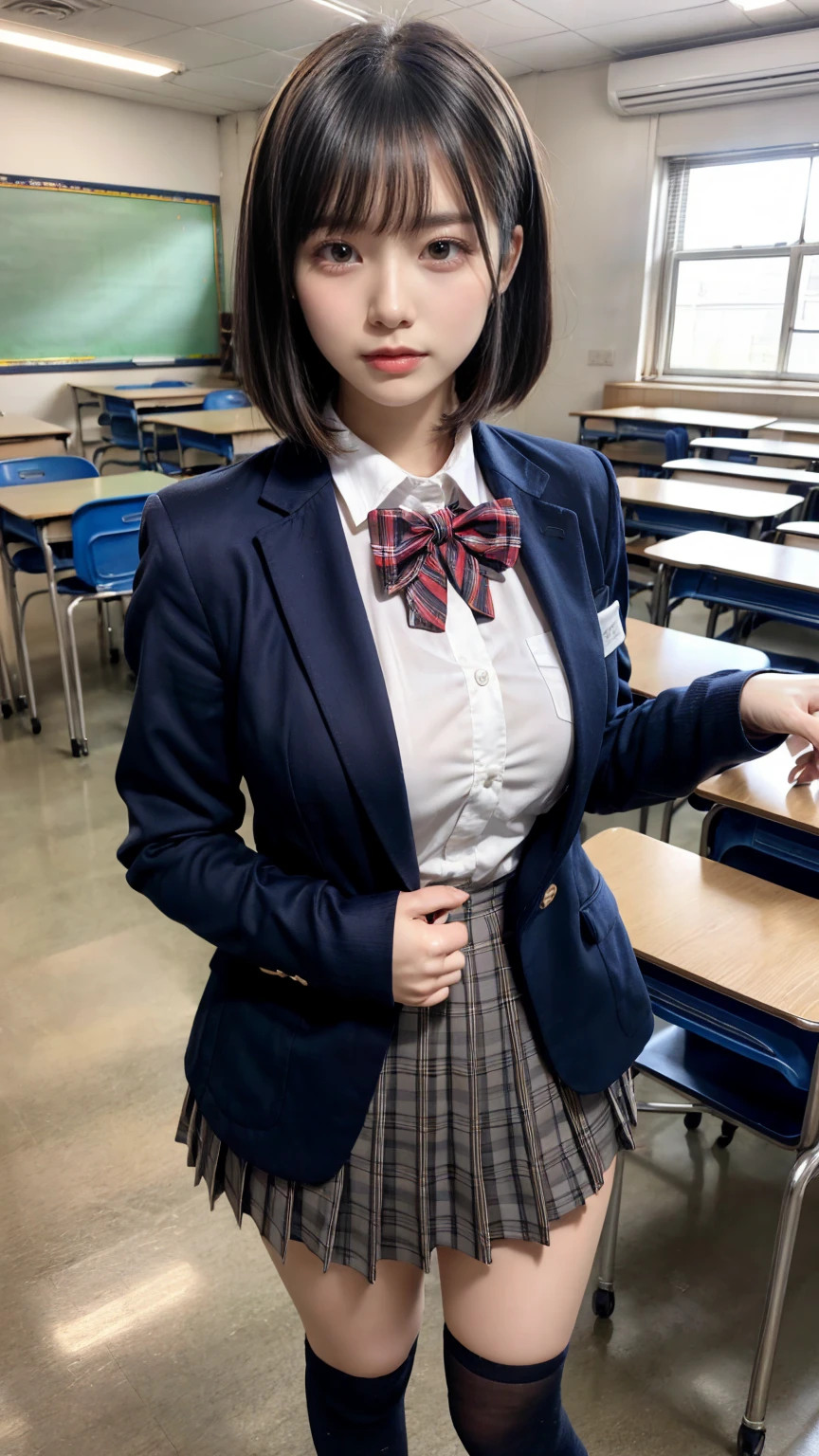 (8K, RAW Photos, Highest quality, masterpiece:1.2), masterpiece, super detailed, super high quality, (Realistic and photorealistic photography:1. 37), High-resolution RAW color photos, Very delicate and beautiful, highly detailed, 8k wallpaper, wonderful, detailed, Very eye, very detailed, very detailed skin, very thin fingers, very detailed nose, very detailed mouth, Perfect Anatomy, BREAK,18 year old girl, short bob hair, huge breasts, colossal tits, very huge round breasts, (perfect body shape:1.1), Big Natural Color Lip, cute type, ta, (Details High quality, realistic depiction of eyes:1.3), Beautiful makeup, glitter makeup, BREAK, High school girl uniform, blazer, Super Short Check Uniform Skirt, Navy blue high socks, Disturbed uniform, BREAK, (High School Classroom:1.2), bold sexy pose, hposing Gravure Idol, full body photo
