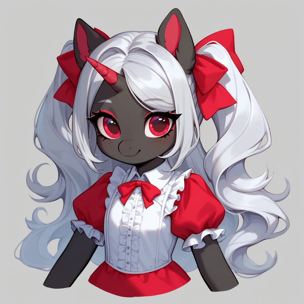 score_9, Cute unicorn girl with ebony-black fur crimson eyes and long silver hair wearing outfit