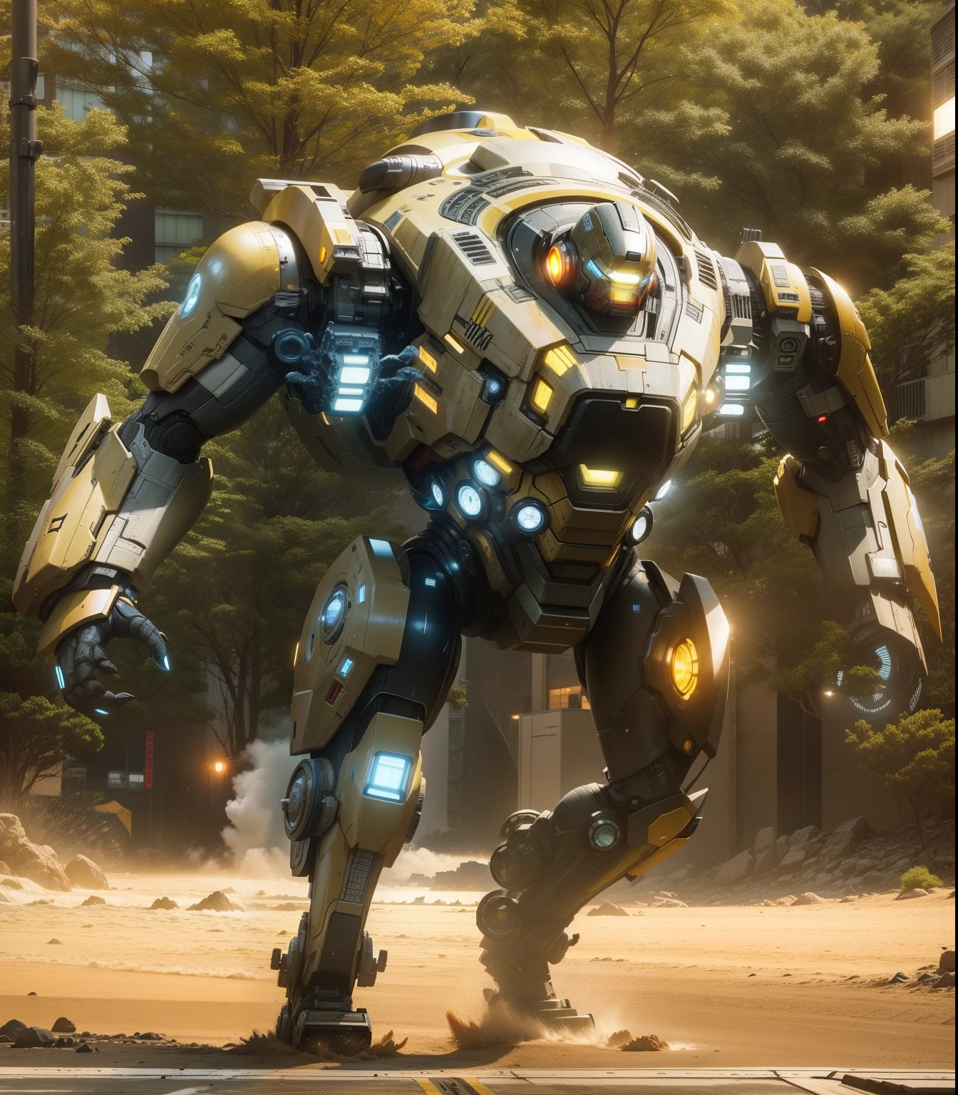 Pacific Rim, Kaiju Invasion Alert, like marvels ironman with full yellow armor, Mobilized Global Defense Forces, futuristic technology, style photorealistic, captured with a Fujifilm X-T20 and a 35mm lens, bright emergency lights, military base environment.