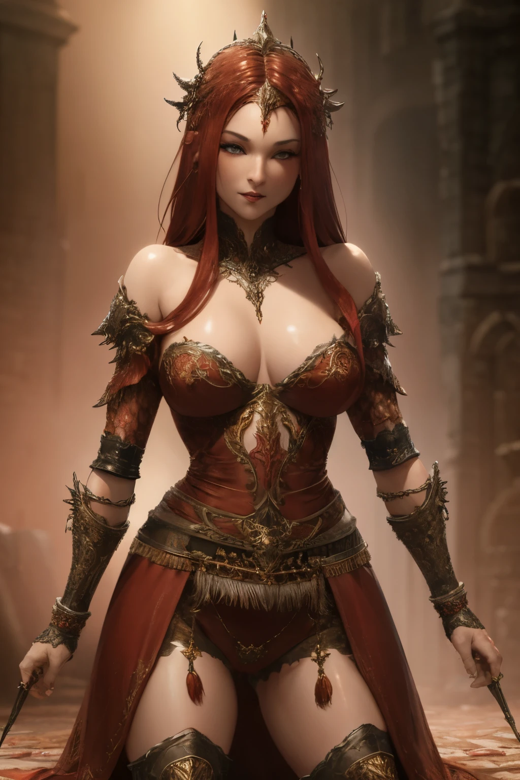 Beautiful Alluring fantasy female warrior knight, Bare Skin, ornaments, crimson red metal armor, Athletic Well Toned Body, Elegant Form, Bare Skin, inside a gothic temple, Barely Clothed, cleavage, Beautiful Face, Ominous Gothic Theme, fantasy theme, Fiverr Dnd Character, Octane Render, Digital Art, Extreme Detail, 4k, Ultra Hd, Polished, Beautiful, Hyperdetailed, Intricate, Elaborate, Meticulous, Photorealistic, Sharp Focus, Wlop, Character Design, Unreal Engine, 3d Rendered, Volumetric Lighting, Reflections, Glossy, Digital Illustration, Pose, Suggestive Pose, Lewd, Full Body Shot, anatomically correct 💖❤💕💋❣