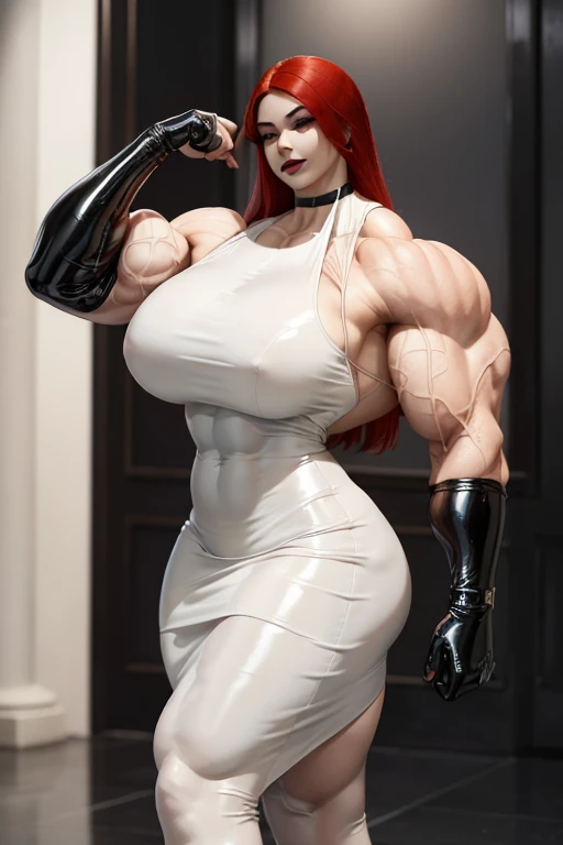 (((Massive tall, beautiful, buff, pale white skinned muscular asian woman with red hair, black lipstick, ginormous bulky muscles and wearing a beautiful latex pencil dress))), ((close view)), massive muscles, massive biceps, hyper muscle shoulders, massive muscle arms, vascular shoulders, hyper muscle triceps, (long hair), ((((beautiful latex pencil dress)))), yellow eyes, gauntlets, gloves, choker, high heels, (in a magical city), closed smile, evening, hyper vascular arms, hyper muscles arms, hyper muscle legs, massive arms