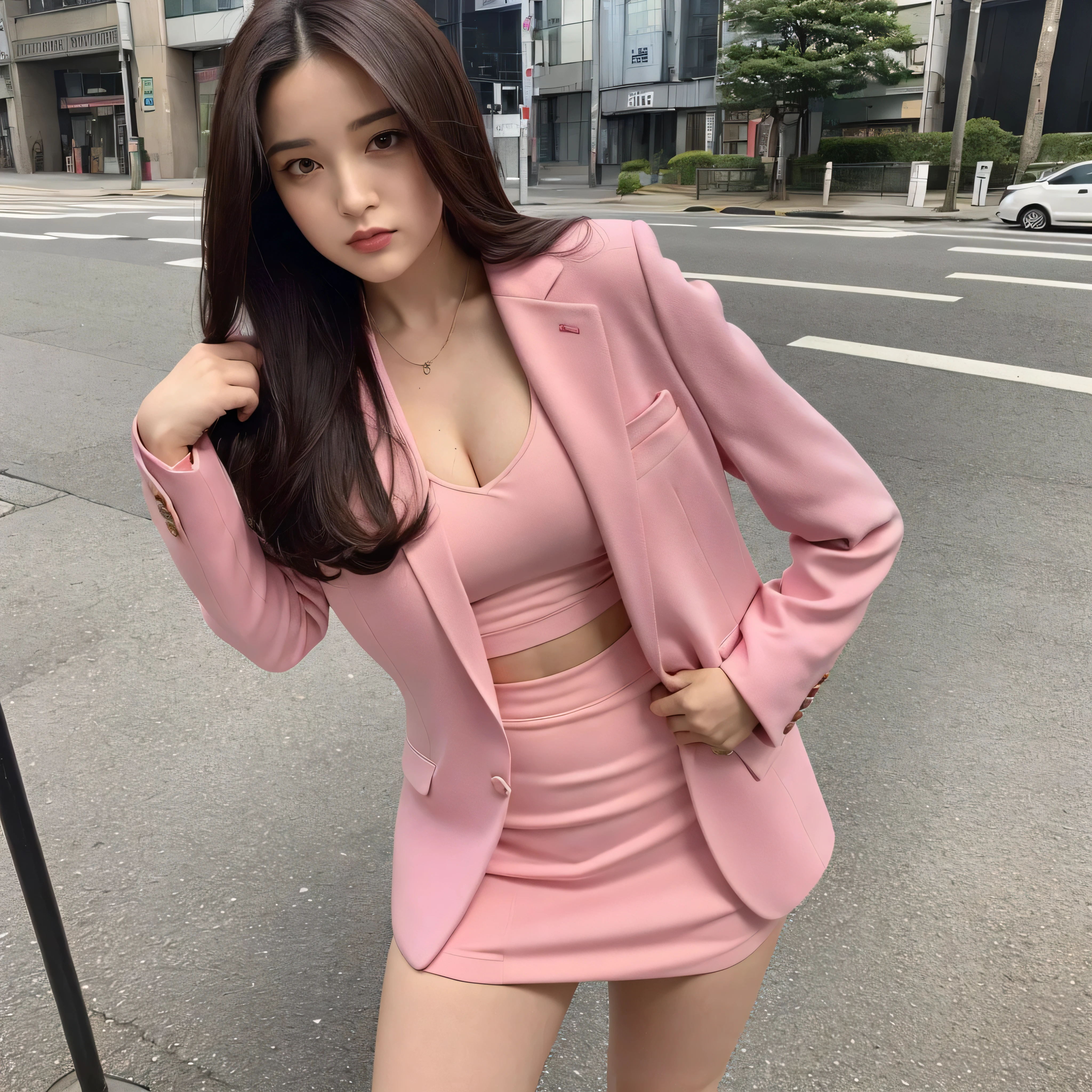 Front view,1 women,Anne-Marie Alto wear a tight pink suit, tight skirt ,looking at camera,25 years old, (((Anne-Marie Alto))), in the Tokyo city