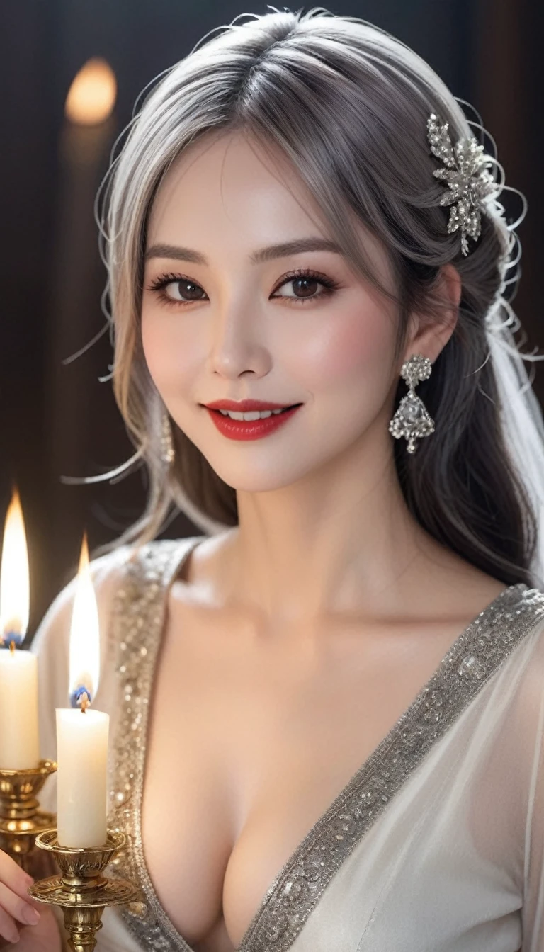 (((Sexy Woman)))、((Very beautiful 30 year old white woman))、(((Big big cleavage)))、witch、ブロンドのMature witch、Plump figure、smile、Middle-aged beauty 、Very delicate and delicate skin texture、Mature witch、{(Ancient ornate and luxurious temple)、(Many torches are burning)}、Red lips、Beautiful scarlet eyes、(((Gorgeous and glamorous silver outfit and luxurious accessories)))、I have a shiny platinum wand、