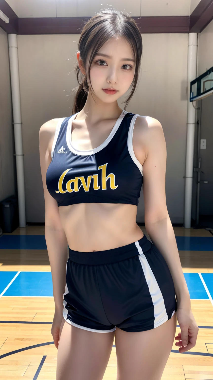 (8K, RAW Photos, Highest quality, masterpiece:1.2), masterpiece, super detailed, super high quality, (Realistic and photorealistic photography:1. 37), High-resolution RAW color photos, Very delicate and beautiful, highly detailed, 8k wallpaper, wonderful, detailed, Very eye, very detailed, very detailed skin, very thin fingers, very detailed nose, very detailed mouth, Perfect Anatomy, BREAK,18 year old girl, ponytail, huge breasts, colossal tits, very huge round breasts, (perfect body shape:1.1), Big Natural Color Lip, cute type, ta, (Details High quality, realistic depiction of eyes:1.3), Beautiful makeup, glitter makeup, BREAK, (basketball sportswear, sporty short pants:1.2), hair band, play basketball, BREAK, (gymnasium:1.2), bold sexy pose, hposing Gravure Idol, full body photo