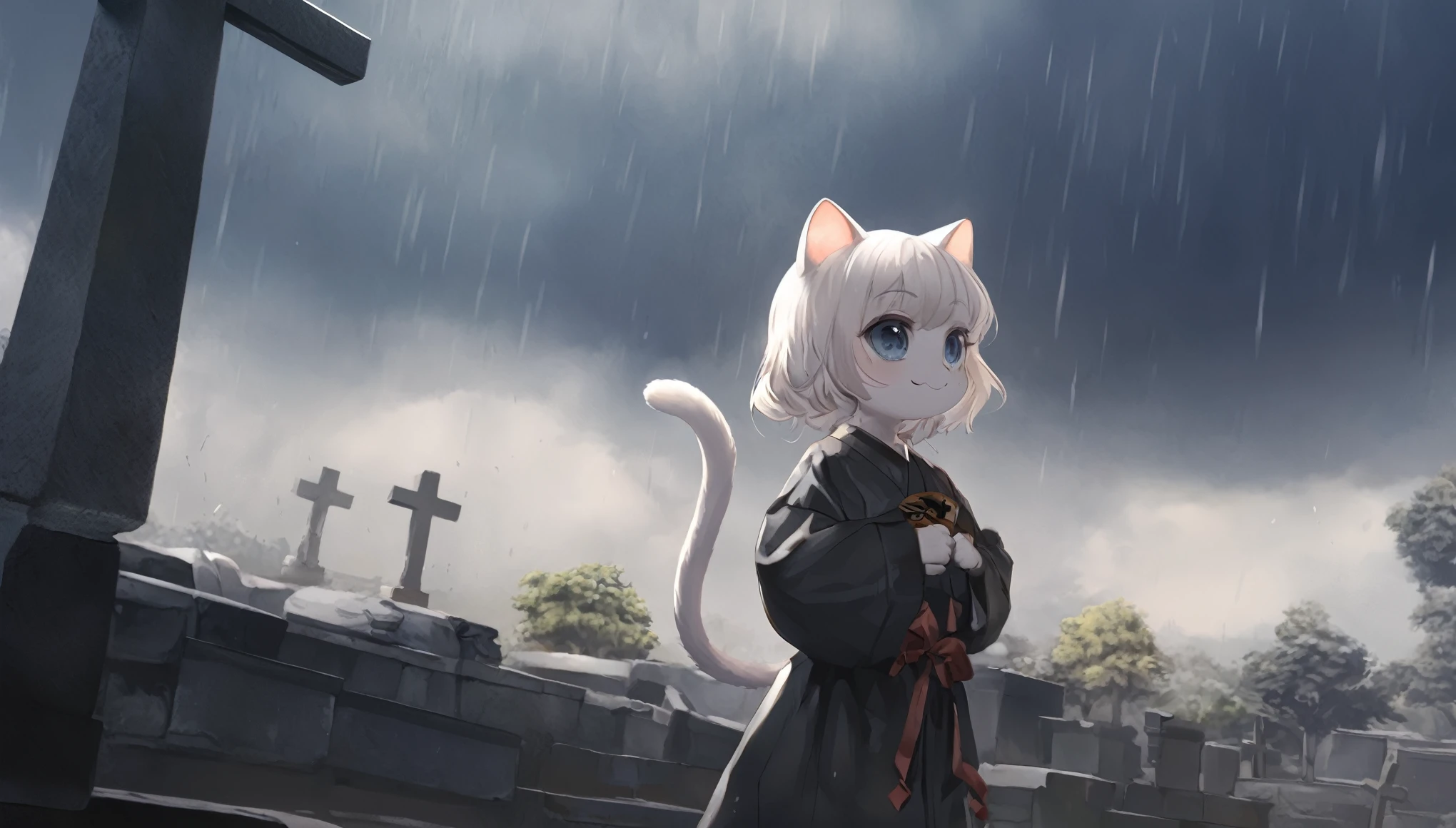 quality\(masterpiece, best quality,8k,wallpaper of extremely detailed CG unit,hight resolution,top-quality,top-quality real texture skin,hyper realisitic,increase the resolution,RAW photos,best qualtiy,highly detailed,the wallpaper\), BREAK ,solo,cat girl\(white cat,short white hair,cute,small kid,kawaii,Rōnin uniform,Rōnin,ronin,eye color black,big eyes,standing,cowboy shot,slightly smiling, long shot,from side,breast\),background\(at japanese cemetery, raining\),long shot,anime style,