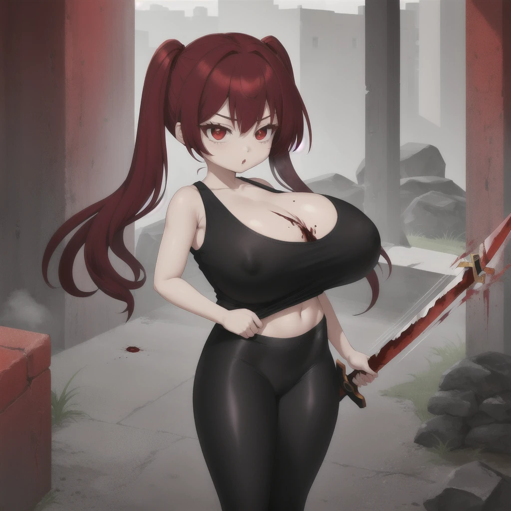 red hair, female, solo, smol, red eyes, massive breasts, oppai loli, very long hair, wear open cut black tight tank top and red leggings, holding a blood red sword, masterpiece, ultra high quality