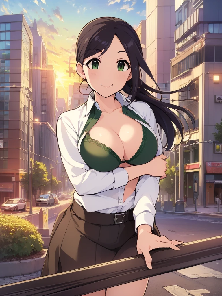 ((masterpiece) (((((Highest quality))))((high resolution))))), Very detailed, Ultra-realistic, 、Black Hair)、、((Green Bra、City、building、null、オープンWhite shirt、Big Breasts、White shirt