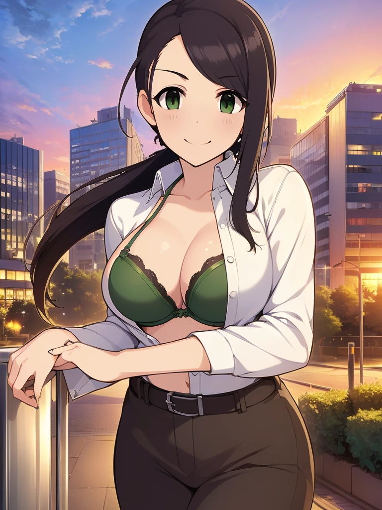 ((masterpiece) (((((Highest quality))))((high resolution))))), Very detailed, Ultra-realistic, 、Black Hair)、、((Green Bra、City、building、null、オープンWhite shirt、Big Breasts、White shirt