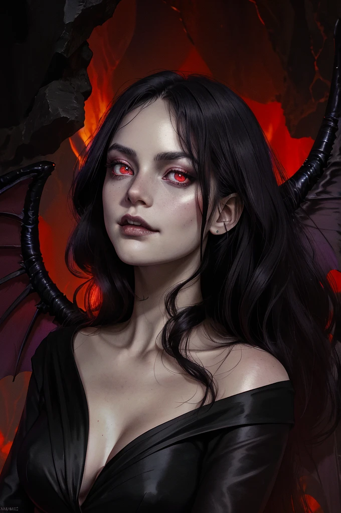 (masterpiece), (unrivalled quality:1.4), ultra-high resolution, [:velvet textures:0.2], hyperrealistic, dark fantasy portrait, 1 woman, adult (succubus:0.7) with a sly smirk, hypnotic ruby red eyes, raven-black hair cascading in waves, solo, detailed face, (cavernous underworld theme:1.1) (demonic wings:1.05), personified forbidden temptation, allure, power, darkness, succubus mythology symbolism, firelight, glow, rich purples and reds, symmetry, obsidian, foreboding cavern background, otherworldly infernal atmosphere, mouth open wide.