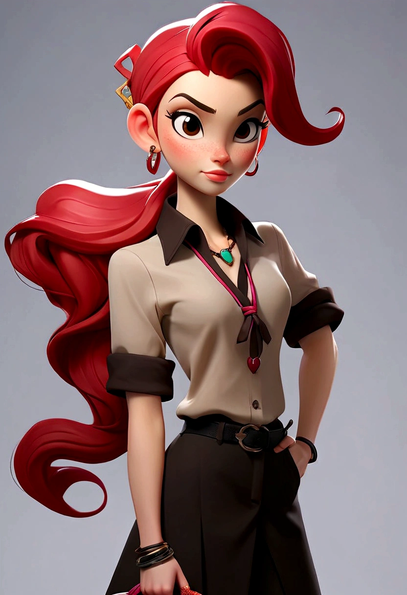 Commercial coordinator, a 35 year old woman, and she is 163 cm tall, well designed mouth, smiling, your hair is wavy pink, falling just above the shoulders, often tied in a ponytail, Her eyes are big, Ablaze, round-cropped, She has fair skin, your face is heart-shaped with high cheekbones and a pointed chin, She tends to wear more casual, colorful clothes that reflect her rock-oriented personality.,