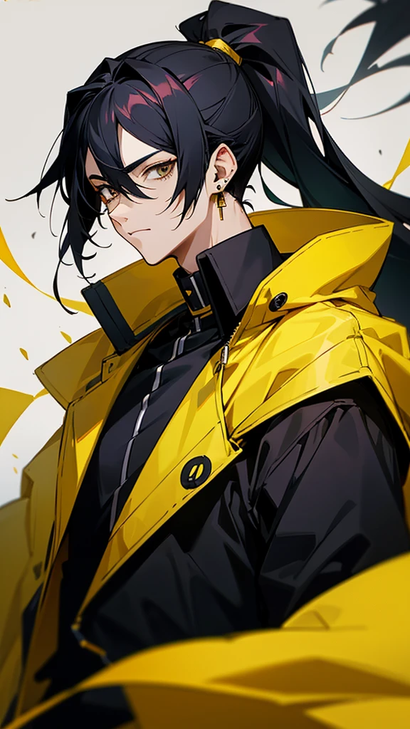 Male character with black hair with a half ponytail and a yellow jacket black eyes u. Black collar, black shirt, anime style, manga style and long hair that is from an anime drawing. With a black shirt with yellow earrings and a yellow jacket with blood on the face.