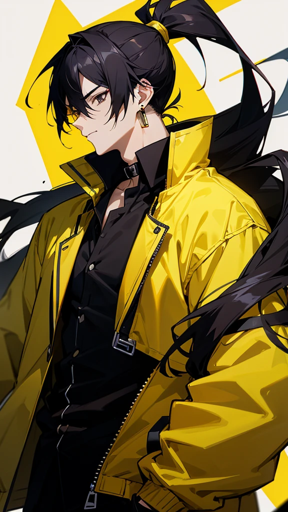 Male character with black hair with a half ponytail and a yellow jacket black eyes u. Black collar, black shirt, anime style, manga style and long hair that is from an anime drawing. With a black shirt with yellow earrings and a yellow jacket with blood on the face.