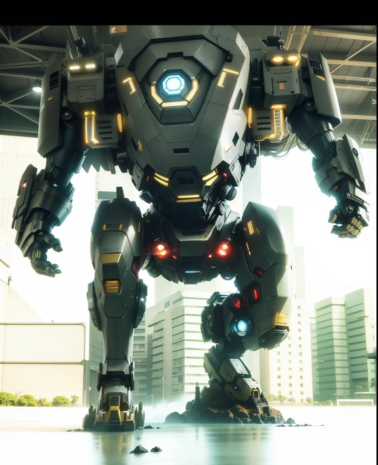 Pacific Rim, Kaiju Invasion Alert, like marvels ironman with full yellow armor, Mobilized Global Defense Forces, futuristic technology, style photorealistic, captured with a Fujifilm X-T20 and a 35mm lens, bright emergency lights, military base environment.