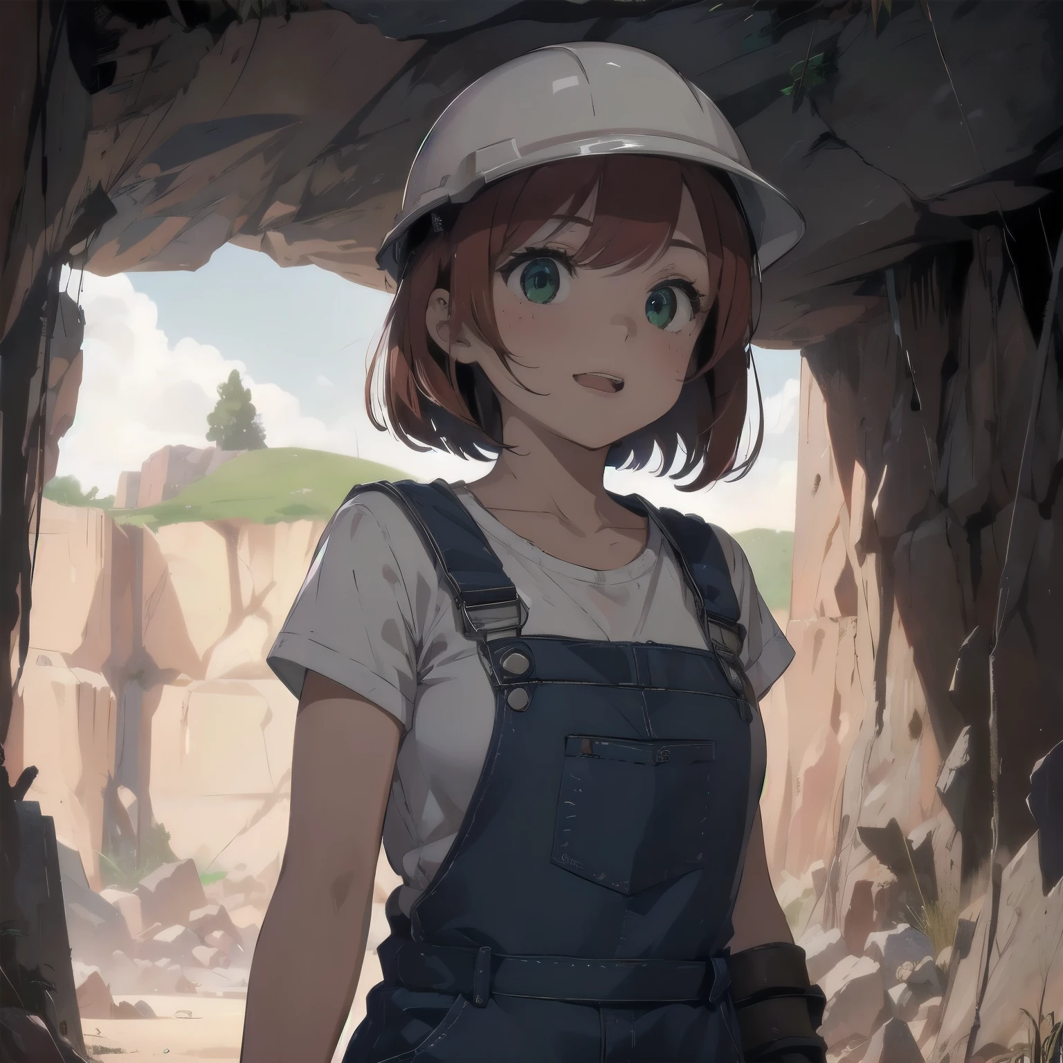 (masterpiece), best quality, expressive eyes, perfect face, 1girl, solo, bob cut, redhead, red hair BREAK short hair, green eyes BREAK blush, looking at viewer, freckles, breasts, cleavage, standing, yellow shirt BREAK blue overalls BREAK :D, surprised face, cave, cave interior, blue rocks, mines, looking away, gloves, safety helmet