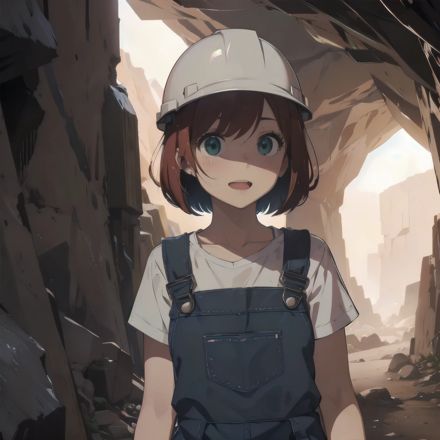 (masterpiece), best quality, expressive eyes, perfect face, 1girl, solo, bob cut, redhead, red hair BREAK short hair, green eyes BREAK blush, looking at viewer, freckles, breasts, cleavage, standing, yellow shirt BREAK blue overalls BREAK :D, surprised face, cave, cave interior, blue rocks, mines, looking away, gloves, safety helmet