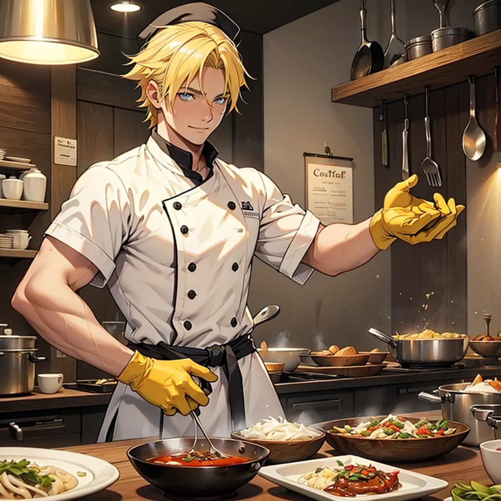 A 22 year old man, blond hair, yellow hair, blue eyes, chef's clothes, wearing a chef's hat, wearing chef's gloves happy expression, medieval period, Ultra HD 4k, 4k, Ultra HD