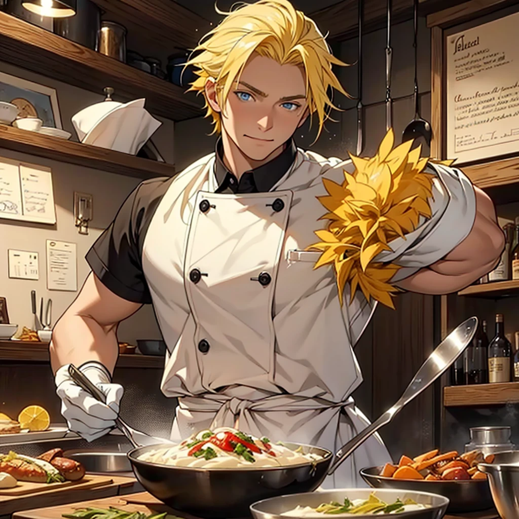 A 22 year old man, blond hair, yellow hair, blue eyes, chef's clothes, wearing a chef's hat, wearing chef's gloves happy expression, medieval period, Ultra HD 4k, 4k, Ultra HD