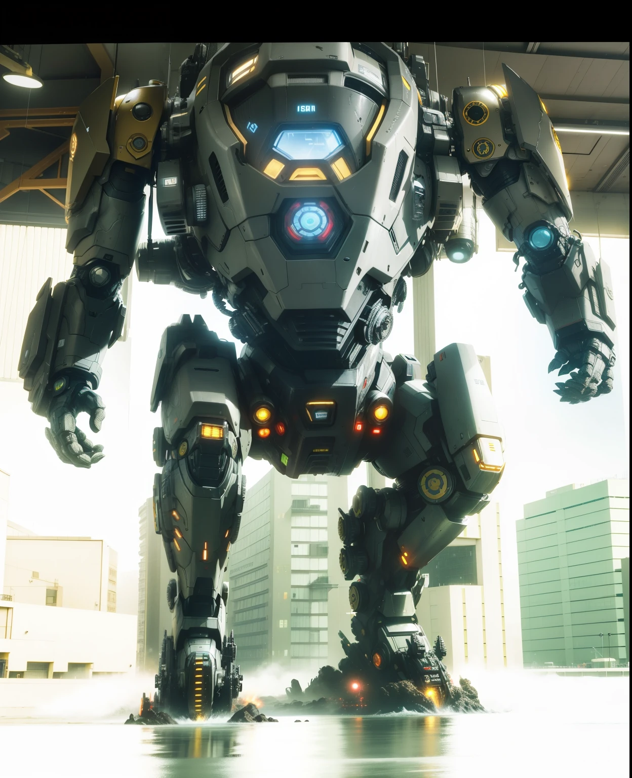 Pacific Rim, Kaiju Invasion Alert, like marvels ironman with full yellow armor, Mobilized Global Defense Forces, futuristic technology, style photorealistic, captured with a Fujifilm X-T20 and a 35mm lens, bright emergency lights, military base environment.