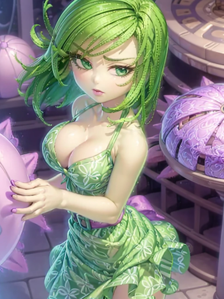 1girl, solo, beautiful girl, green skin, green eyes, big eyes, long eyelashes, green hair, short hair, shiny hair, asymmetrical bangs, asymmetrical hair, medium breasts, green dress, strapless dress, floral print dress, short dress, green belt, purple scarf, looking at viewer, bare arms, bare shoulders, disgust face, narrow waist, big butt, violet lips, lip gloss, makeup, perfect hands, perfect anatomy, dress pull, breasts slip, nipple slip, puffy nipples, cleavage, topless, partially undressed, partially naked, breasts focus, purple background, round windows, inside, from side,