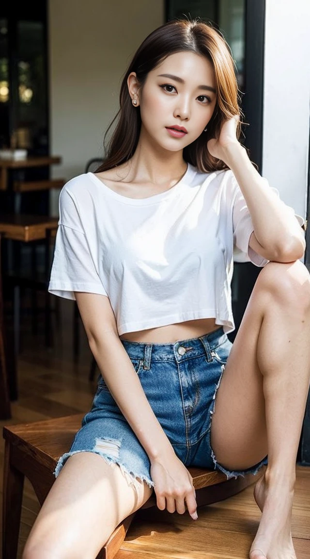 Dark brown hair、Light brown eyes、Japanese actress、 Lady、I am about 40 years old..、(Intricate details:1.2)、(Which one is on top??:1.4)、 (Ultra-high resolution:1.2)、Ultra-high resolution、(Finely tuned)、(Detailed facial features)、Hmph、8K resolution、D cup size breasts、Long Hair、The sunlight shines in、Terrace Cafe、Eat cake on the table、Extravagant space、relax、、,Full body photo、Head to toe shot、Beautiful legs、、Beautiful legs、A refreshing terrace cuff bathed in sunlight、she, (plant:0.8), Fashion Hub, Extreme Detail, Very detailed, Realistic, Hourglass-shaped body, Obscene pose,、、私 cry a lot、Please lift your chin、5 fingers each、Crop T-shirt、Denim pants、Sitting on a chair、Spread your legs、