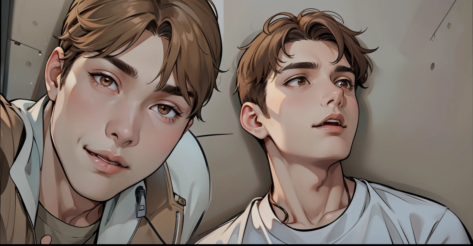 He is talking with his mouth open, brown hair, brown eyes. There is a 20-year-old man. He sees someone and asks him what he is referring to.