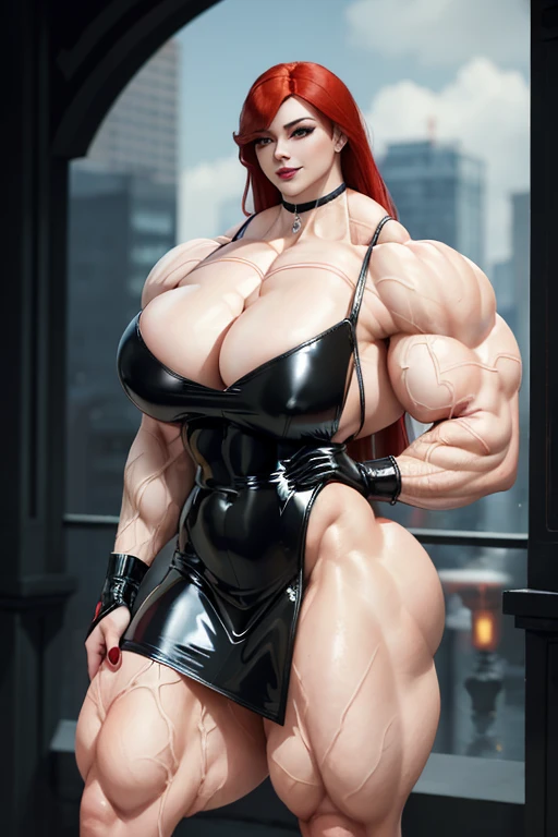 (((Massive tall, beautiful, buff, pale white skinned muscular asian woman with red hair, black lipstick, ginormous bulky muscles and wearing a beautiful latex pencil dress))), ((close view)), massive muscles, massive biceps, hyper muscle shoulders, massive muscle arms, vascular shoulders, hyper muscle triceps, (long hair), ((((beautiful latex pencil dress)))), yellow eyes, gauntlets, gloves, choker, high heels, (in a magical city), closed smile, evening, hyper vascular arms, hyper muscles arms, hyper muscle legs, massive arms