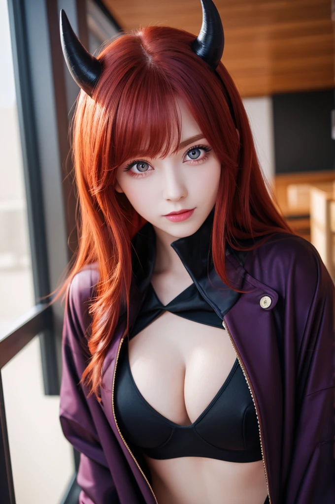 4K, 8K, masterpiece, Highest quality, Upper Body, One girl, View your viewers, Redhead, Medium Hair, Purple eyes, Devil horns, Black coat, indoor, It's dim, The actress is 23 years old., Open Bust