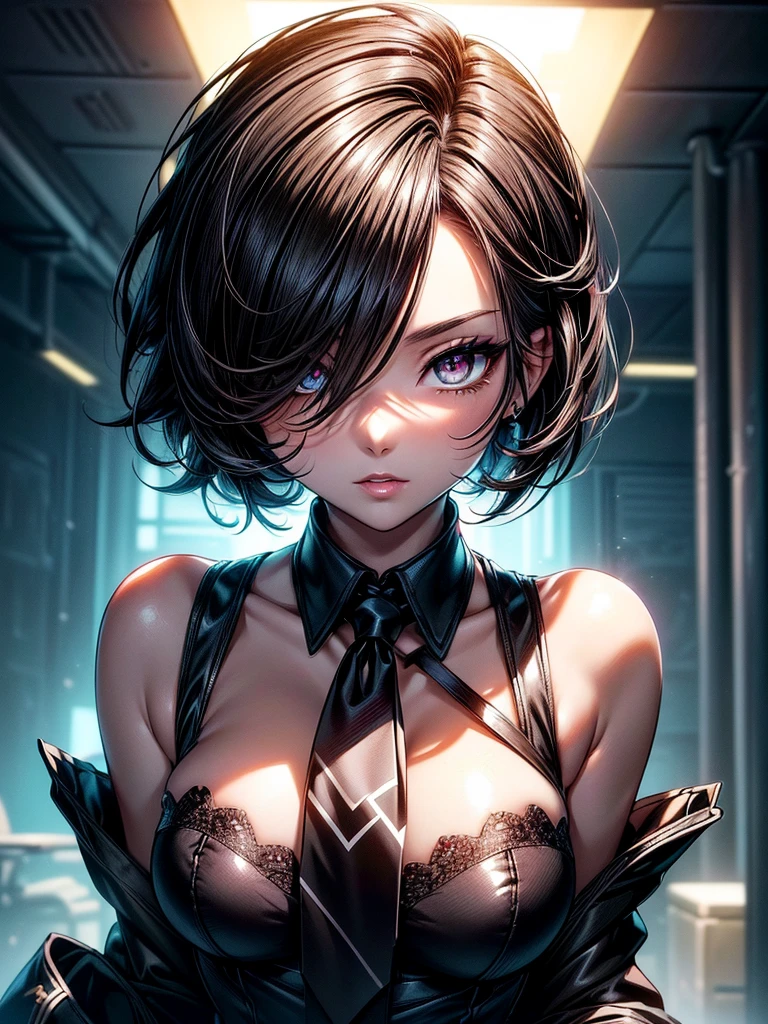 (masterpiece)(8k)(cute)(25-year old woman)(1girl:1.5)(from below:1.3)(full body:1.5)(throne:1.5)(solo:1.8)(wild hair:1.3)(short hair:1.3)(black brown hair)(shiny hair:1.2)(hair over one eye:1.5)(hairbun:1.2)(small breasts:1.6)(black pupils:1.4)(glossy skin:1.4)(glossy lips)(dark, glossy eye-shadow:1.6)(dark eyelashes:1.4)(serious expression:1.4)(white office shirt:1.6)(long black necktie:1.4)(gloves:1.3)(black stockings:1.5) rossdraws pastel vibrant, rossdraws cartoon vibrant, style anime 8k, beautiful portrait, artgerm colorful!!!, ! dream artgerm, beautiful anime girl, styled digital art, art wallpaper 8k, digital art, extremely detailed artgerm,