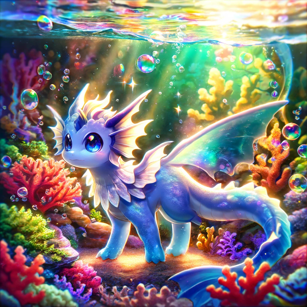absurdres, highres, ultra detailed, HDR, master piece, best quality, Blue Vaporeon, Pokemon, solo, under the water, fish, bubbles, corals, plants, colorful lights, fantasy, magical, shining, sparkling