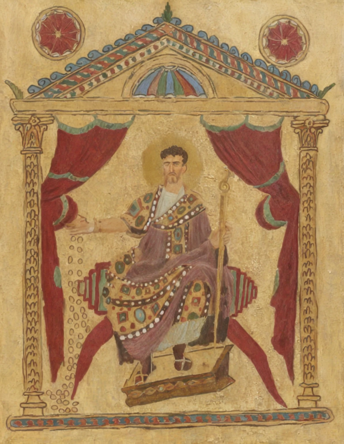 a close up of a painting of a man sitting on a chair, ancient roman painting, fresco painting, fresco, ancient greek painting, historical artistic depiction, holding his trident, the greek god of wine, inspired by Augustus Dunbier, seated on a throne, neoclassic painting, dionysus, man holding spear, roman emperor, ancient rome man, neo-classical painting
