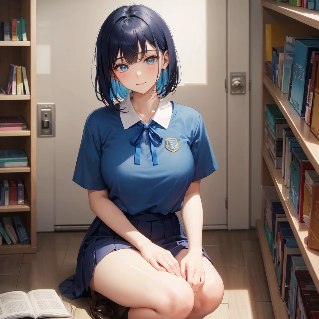 1. High school girl　17-year-old female　Bobcut　dark blue hair color　High School Uniform　Light blue Y-shirt　Short sleeve　Blue Ribbon　dark blue hair color　Slim figure　Large Breasts　Full body portrait　School library　Smiling Kindly　Laugh a little　library　Hand Signs　squat　Kneel　Look up here　